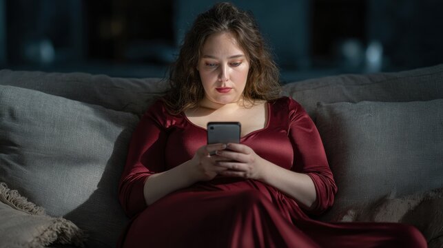 Plus Size Woman Experiences Cyberbullying While Using Her Smartphone at Home in the Evening