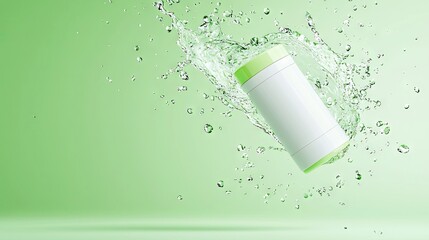 A white cylindrical cosmetic bottle with a light green cap is captured mid-air, surrounded by a dynamic splash of clear water and droplets against a gradient gr