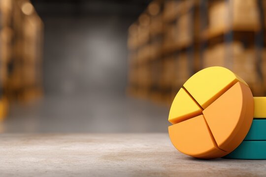 supply warehousing cost. Colorful pie chart segments on a warehouse background, symbolizing data analysis. - Powered by Adobe