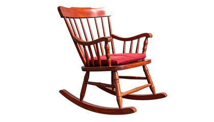 Wooden rocking chair with red cushion, isolated on a black background