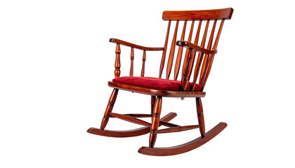 A classic wooden rocking chair with a red cushion against a black background