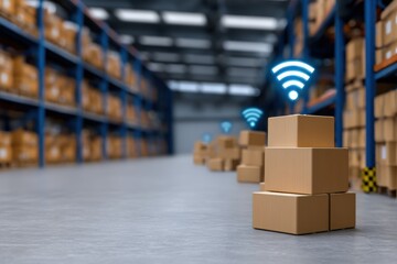 supply warehousing cost. Warehouse scene with stacked boxes and wireless signals indicating smart inventory management.