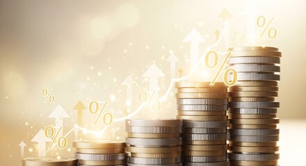 Golden coins stacked high representing increasing interest rates, investment growth, and economic prosperity
