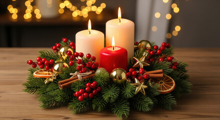 Christmas Candles with Evergreen and Red Berries Holiday Decoration