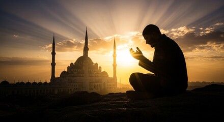 Muslim man silhouette praying against a breathtaking sunset sky with a majestic mosque in the background