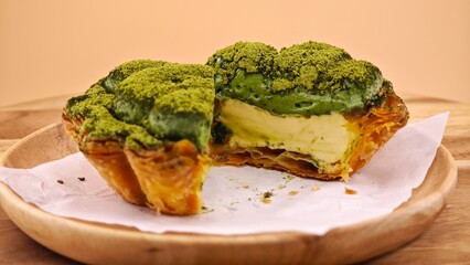 Matcha egg tart. Sweet dessert.