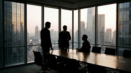 Silhouettes of business people meeting in a high-rise conference room with city view.
