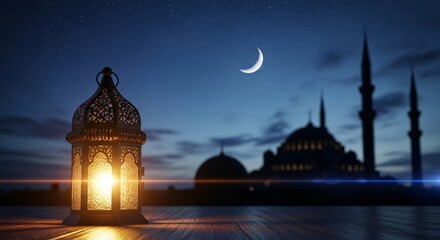 Peaceful Ramadan night with glowing Islamic lantern, blurred mosque silhouette, and crescent moon