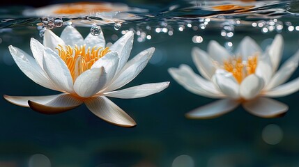 Two white water lilies with yellow centers float on dark blue water, with small bubbles rising to the surface. The scene is illuminated by soft, diffused light,