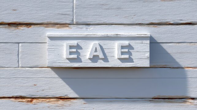 A white wooden sign with raised white letters spelling EAE is mounted on a weathered white wooden plank wall. The scene is outdoors with bright sunlight casting