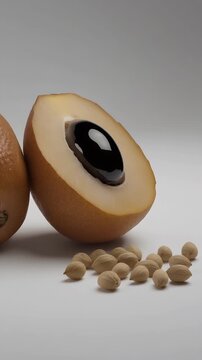 Sapodilla (chikoo) fruit cross section with seeds, fresh tropical fruit and pits on neutral background