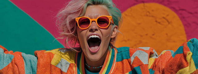 Close up of cheerful woman with colorful hair, sunglasses, neon jacket, and playful style, against vibrant background