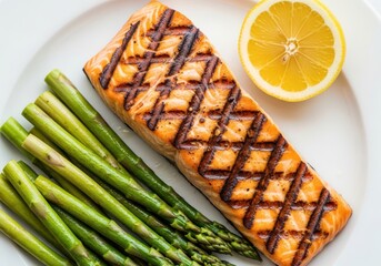 Delicious grilled salmon fillet served with fresh asparagus and a lemon slice
