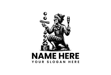 Stylized retro circus clown performing a juggling act vector logo illustration with dynamic elements and classic flair