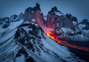 Fiery lava flows down snow covered mountain peaks under dramatic twilight sky