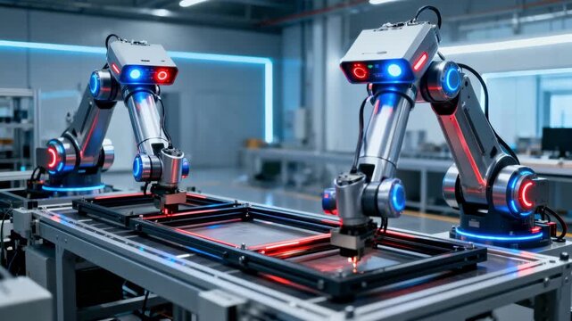Dynamic medium shot of innovative robots integrating components with advanced sensors showcasing cuttingedge automation in frame assembly.