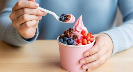 Delightful Frozen Yogurt Indulgence A Creamy Treat with Fresh Berries and Chocolate Granola for a Refreshing and GuiltFree Dessert Perfect for a Hot Summer Day