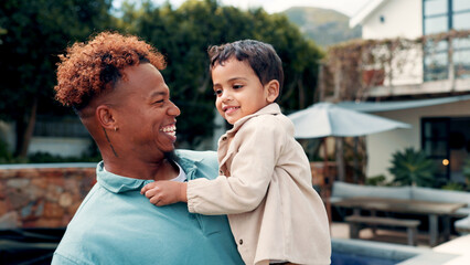 Happy dad, child and hug with adoption for bonding, stability or childhood safety by home. Father, foster kid or smile with adopted son, family or embrace for love, commitment or parenthood by house