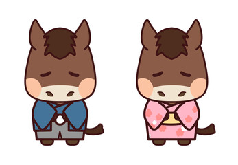 青とピンクの着物を着てお辞儀する栃栗毛の馬