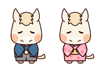 青とピンクの着物を着てお辞儀する白毛の馬