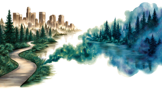 Graphic transition from smog-filled city to green forest, depicting climate change impact in bold, minimal style