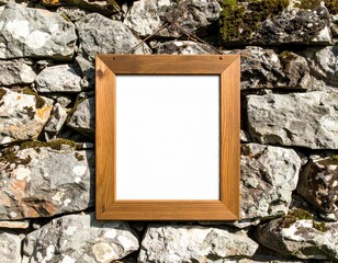 Blank wooden frame on a rustic stone wall perfect for custom text or images.