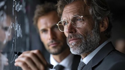 Two businessmen one writing on glass the other observing both wearing suits and ties