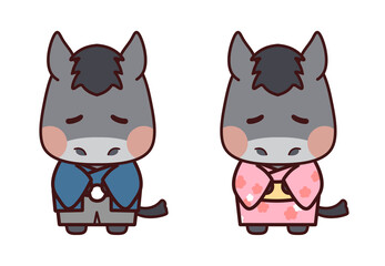 青とピンクの着物を着てお辞儀する薄墨毛の馬