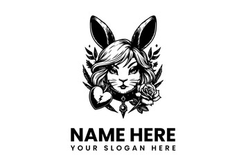 Elegant Rabbit Woman Vector Logo Illustration with Heart and Rose