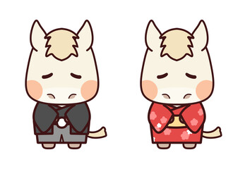 黒と赤の着物を着てお辞儀する白毛の馬