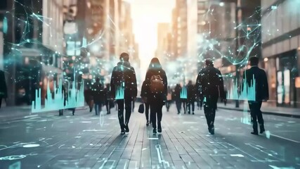 People walking with data overlay in city - Powered by Adobe