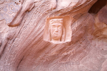 Lawrence of Arabia petroglyph, rock inscription, at Wadi Rum, Jordan
