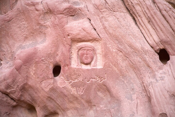 Lawrence of Arabia petroglyph, rock inscription, at Wadi Rum, Jordan