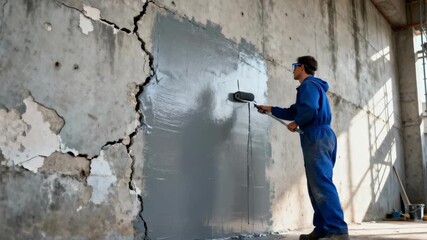 Medium shot of a worker applying a protective coating to a large concrete wall focusing on surface restoration and repair techniques.