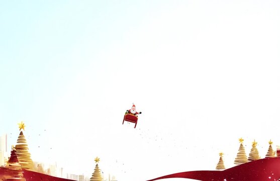 P&egrave;re No&euml;l s&rsquo;envolant au-dessus de paysages festifs rouges et dor&eacute;s avec sapins stylis&eacute;s sur fond clair avec espace n&eacute;gatif copyspace pour visuel de No&euml;l et f&ecirc;te de fin d&rsquo;ann&eacute;e