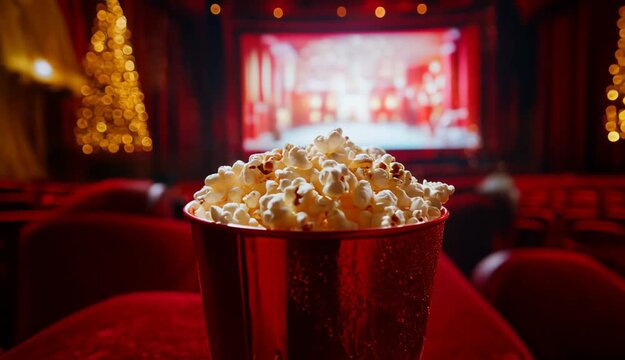 Traveling invers&eacute; d&rsquo;un paquet de popcorn rouge en salle de cin&eacute;ma d&eacute;cor&eacute;e pour No&euml;l avec projection d&rsquo;un film de No&euml;l flou &agrave; l&rsquo;&eacute;cran, ambiance festive hivernale pour contenus saisonniers fin d&rsquo;ann&eacute;e