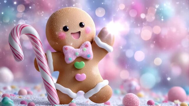 Cute kawaii gingerbread man holding a candy cane and happily dancing on a festive pink bokeh background. Christmas videos, children&rsquo;s designs, holiday animations, and cheerful seasonal themes