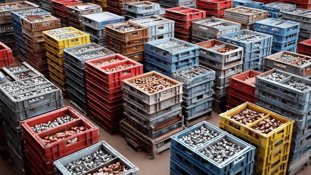 Stack of Crates: An assortment of multi-colored crates, neatly stacked, filled with various objects, showcasing the concept of storage and logistics.