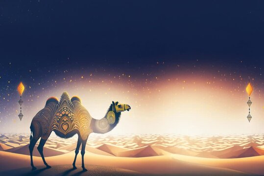 Chameau d&eacute;cor&eacute; dans un d&eacute;sert dor&eacute; avec lanternes s&rsquo;envolant dans un ciel &eacute;toil&eacute; et espace n&eacute;gatif copyspace pour visuels li&eacute;s au Ramadan et aux ambiances orientales