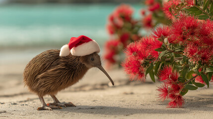Fototapeta premium Cute kiwi bird in Santa hat on beach under red pohutukawa tree, with sea in background