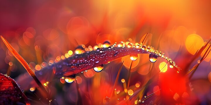 Sparkling dewdrops glisten on a vibrant, sun-kissed blade of grass, evoking a sense of freshness and new beginnings.