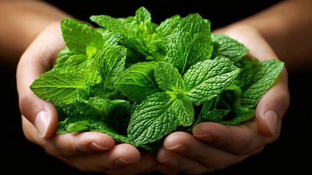 Fresh Mint Harvest: A close-up shot captures hands tenderly cradling a vibrant bundle of fresh mint leaves, showcasing nature's purity.