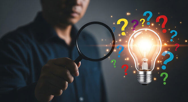 Man holding magnifying glass looking at light bulb surrounded by question marks on dark background