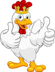 A chicken rooster cockerel bird cartoon character in a kings gold crown giving a double thumbs up