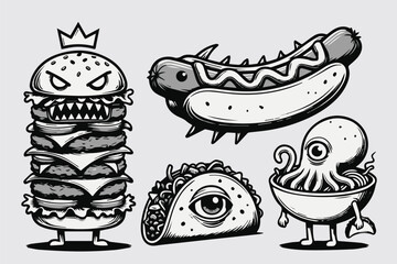 Creepy Food Monster Icons Set – Hand-Drawn Horror Snack Characters Vector