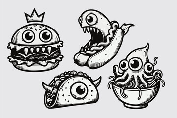 Creepy Food Monster Icons Set &ndash; Hand-Drawn Horror Snack Characters Vector