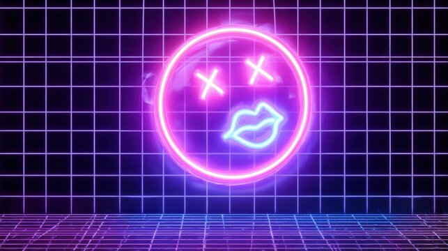 Neon Glowing Emoji Blowing Pink Kiss With Cyber UI Background Featuring an Empty Grid Design - Powered by Adobe