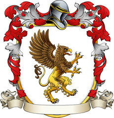 A Griffin or Gryphon coat of arms or crest family heraldry medieval heraldic animal knight shield. With helmet and acanthus filigree scroll ornament in a vintage woodcut style.
