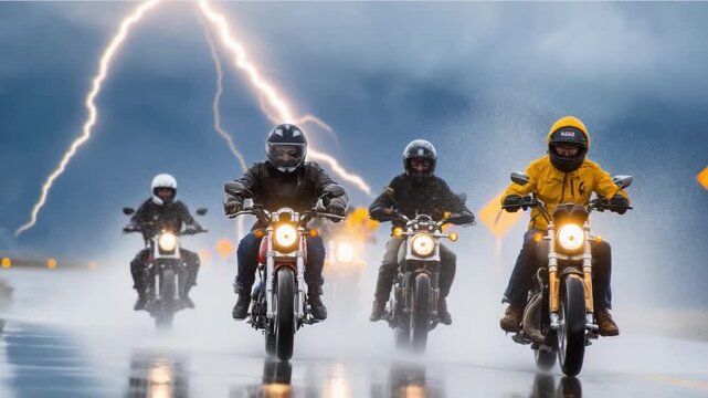Motorcyclists Riding in Stormy Weather: Undeterred by the elements, a group of motorcyclists fearlessly ride through a dramatic thunderstorm.