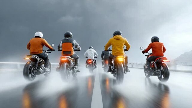 Riders in the Rain: A captivating scene of motorcyclists fearlessly riding through a rain-soaked road, their bikes leaving trails of mist against the moody sky, a symbol of freedom. 
